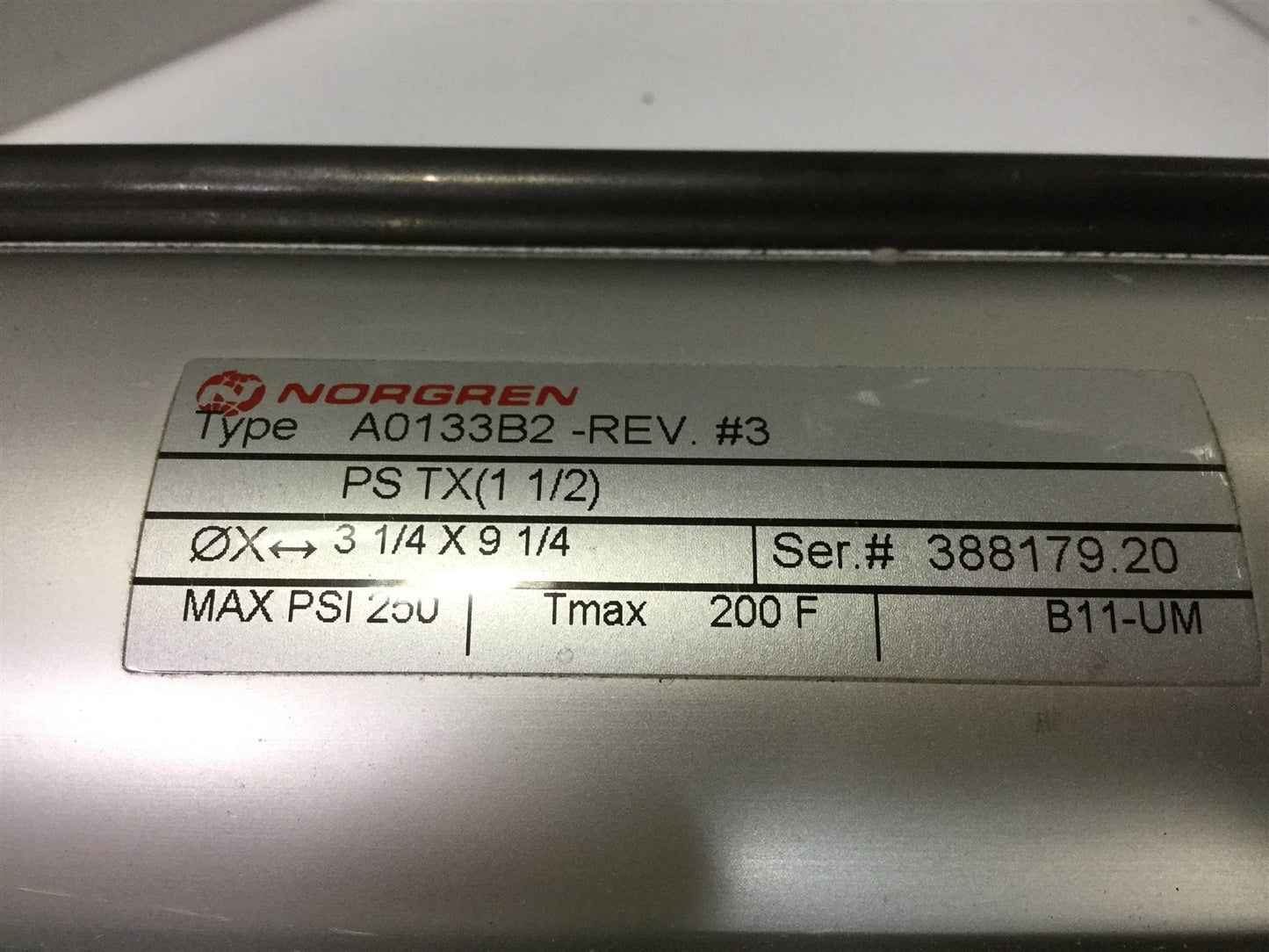 Used Norgren A0133B2 Rev 3 NFPA Pneumatic Aluminum Cylinder 1.5" Bore 3.25 x 9.25