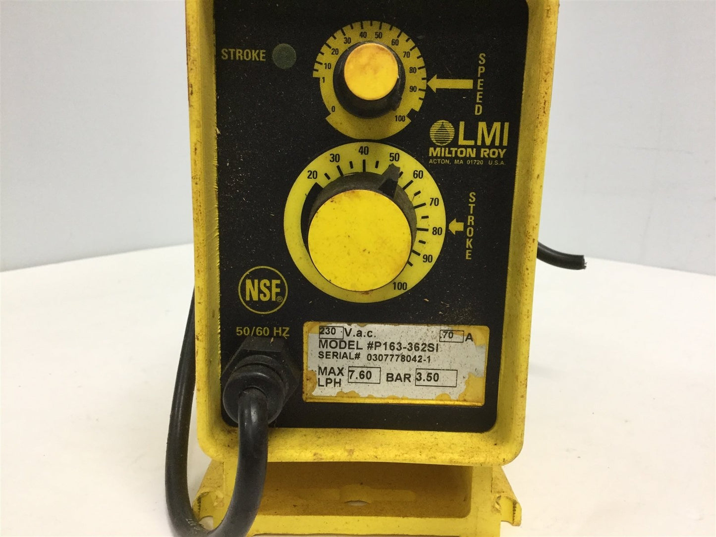 Used LMI P163-362SI Metering Pump 230VAC 50/60Hz 2GPH Flow Turndown Ratio 50PSI 600:1