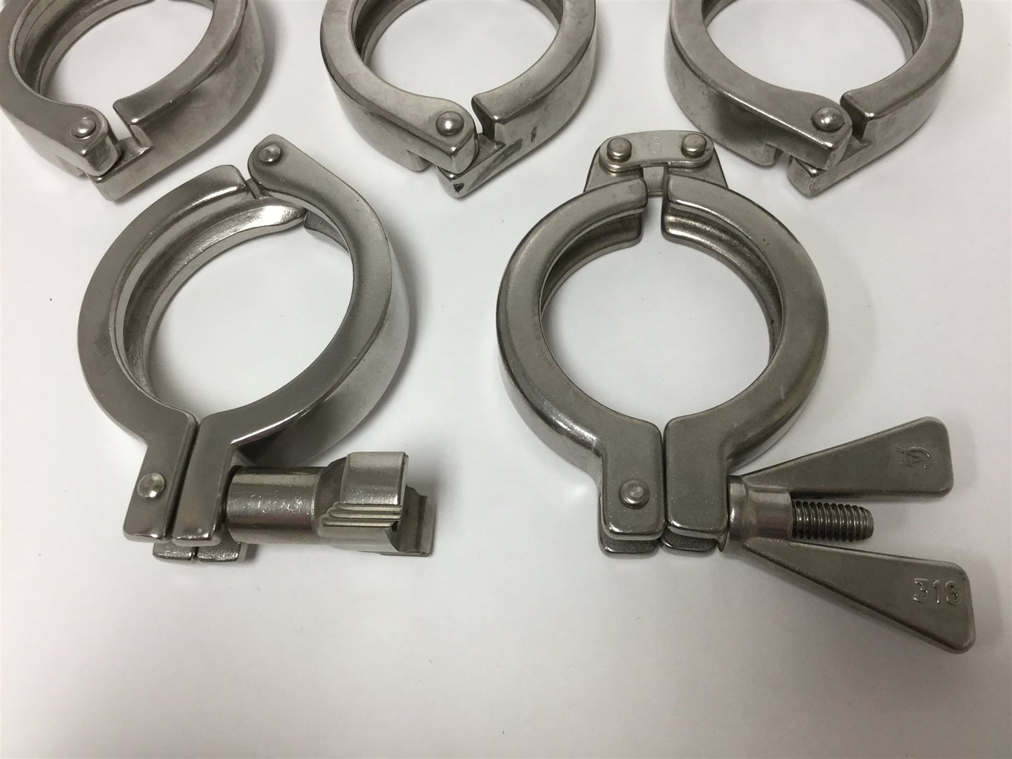 Used Lot of 5 Sanitary Tri-Clamps, Size: 2", *Assortment of Styles* See Pictures