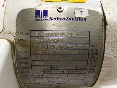 Used Sethco 574P00K36331D4C Motor, 190/360VAC 50Hz, 230/460VAC 60Hz, 1/4HP, 3PH