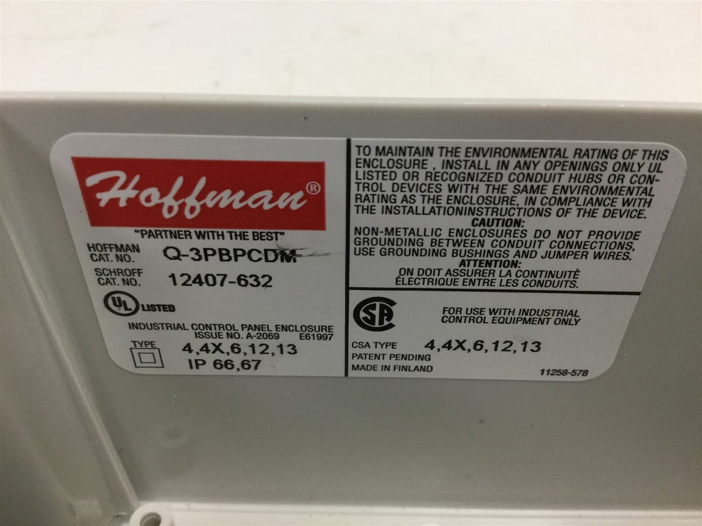 Used Hoffman Q3PBPCDM 3-Hole Pushbutton Enclosure, 6-5/16" x 3-3/16 x 3-7/16" *Holes*