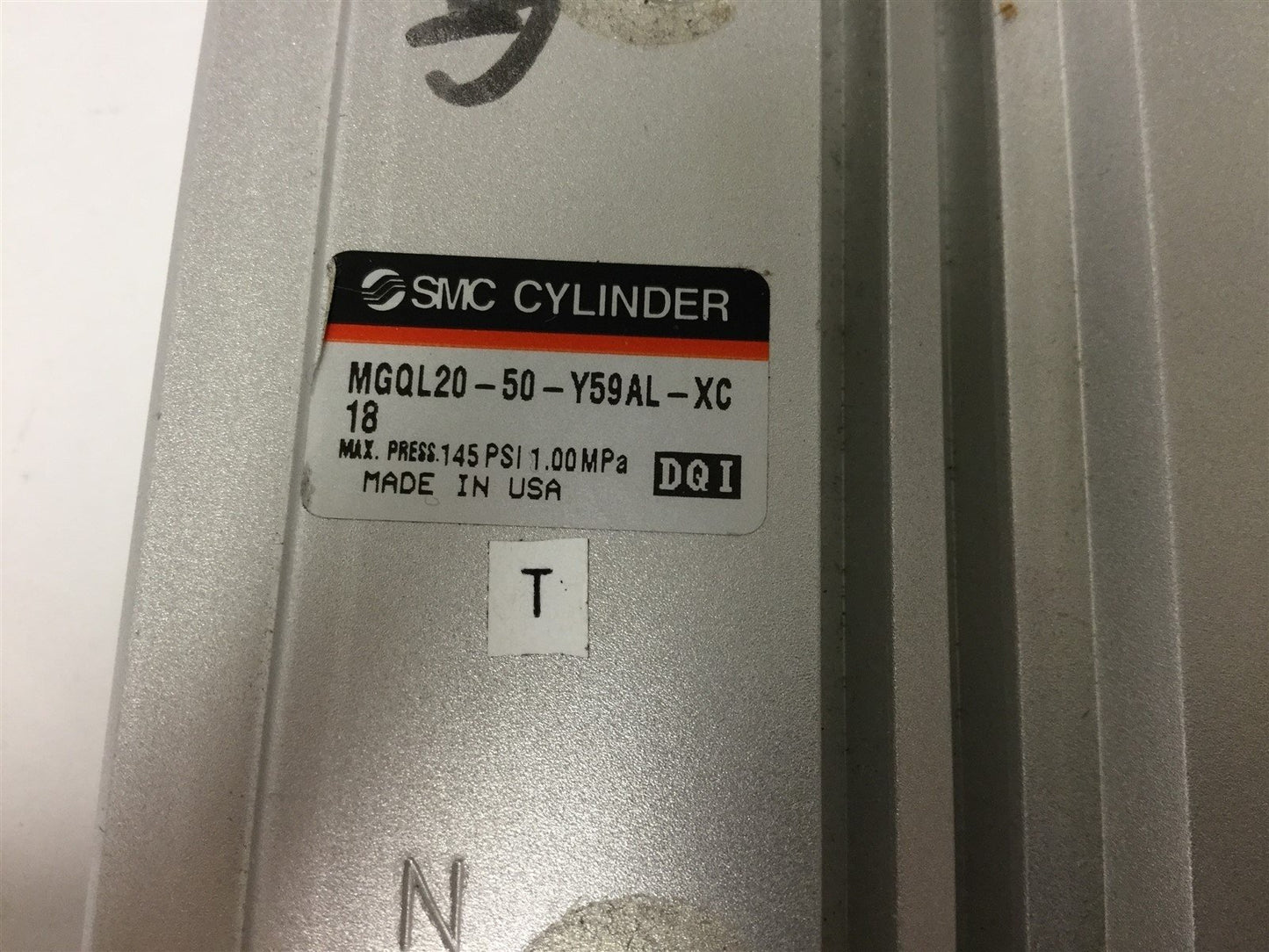 Used SMC MGQL20-50-Y59AL-XC18 Pneumatic Guided Cylinder 20mm Bore 50mm Stroke 145psi