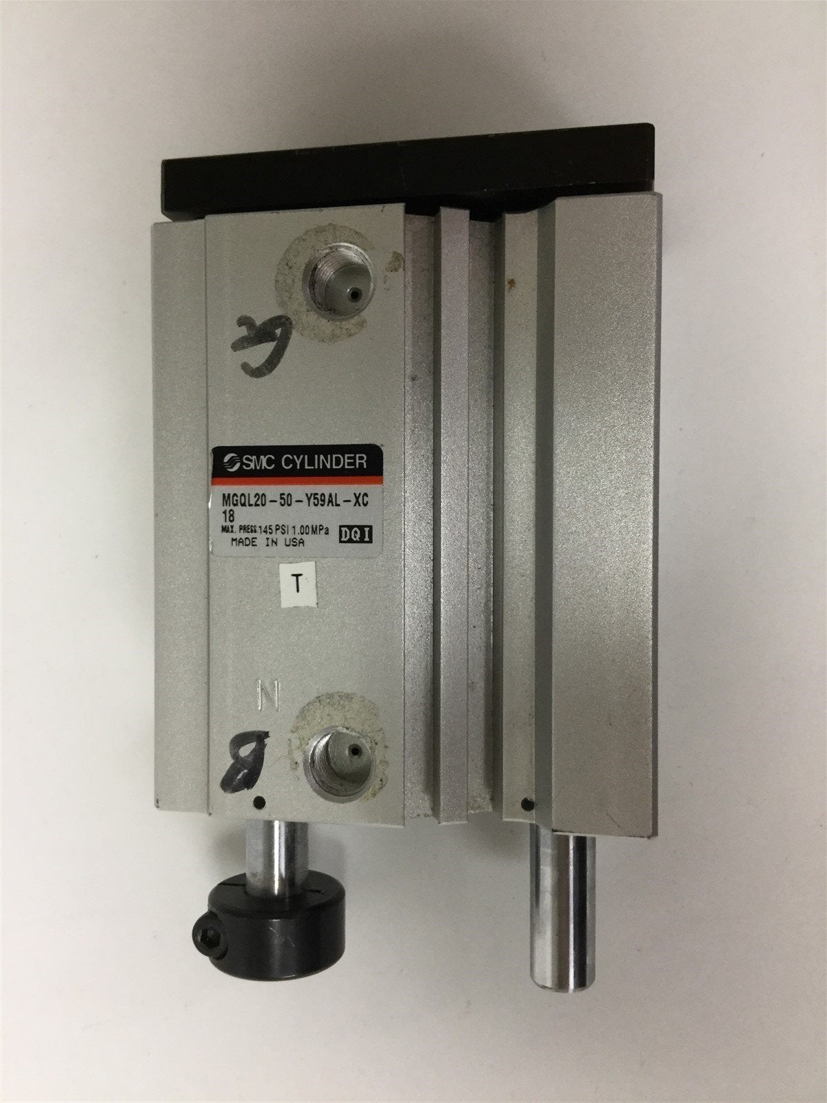 Used SMC MGQL20-50-Y59AL-XC18 Pneumatic Guided Cylinder 20mm Bore 50mm Stroke 145psi