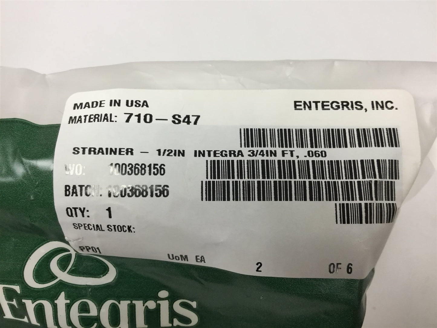 New Entegris 1032-065 Strainer, Connections: 3/4" Flaretek, Orifice: 1/2"