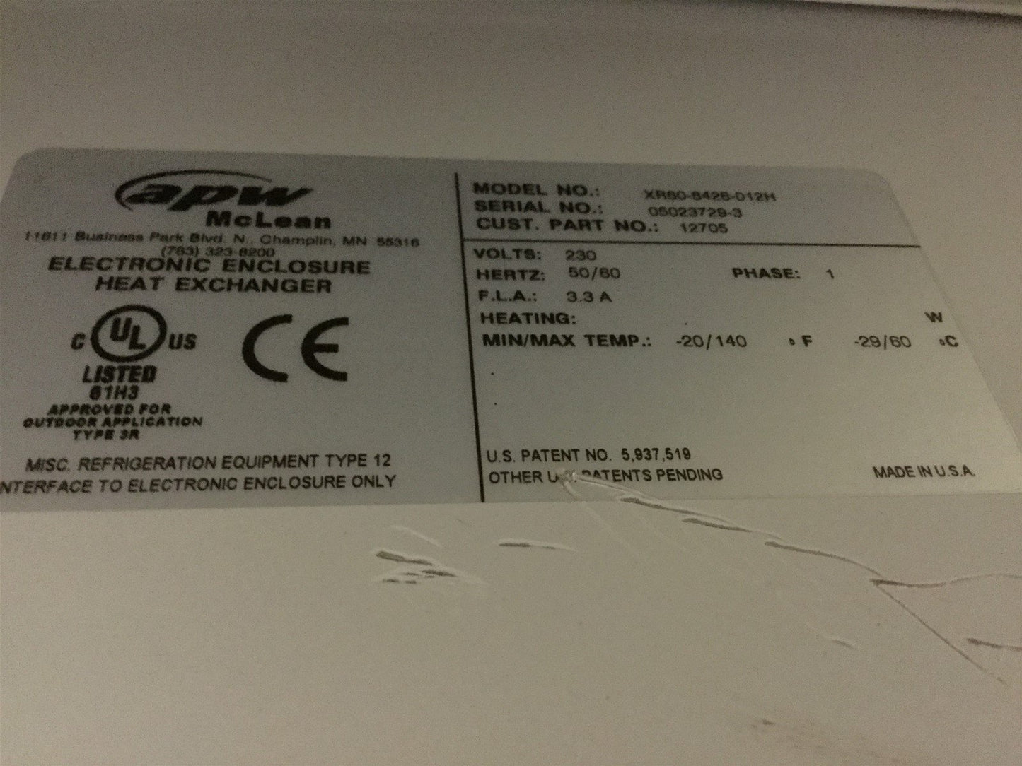 Used Hoffman APW ProAir XR60-8426-012H Enclosure Heat Exchanger Fan Air Cooled 230VAC