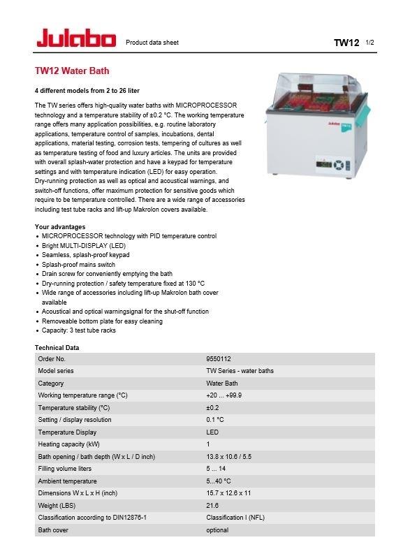 Used Julabo TW12 Heated Lab Water Bath PID Digital Control 99.9-C 12-Liters 115VAC-2