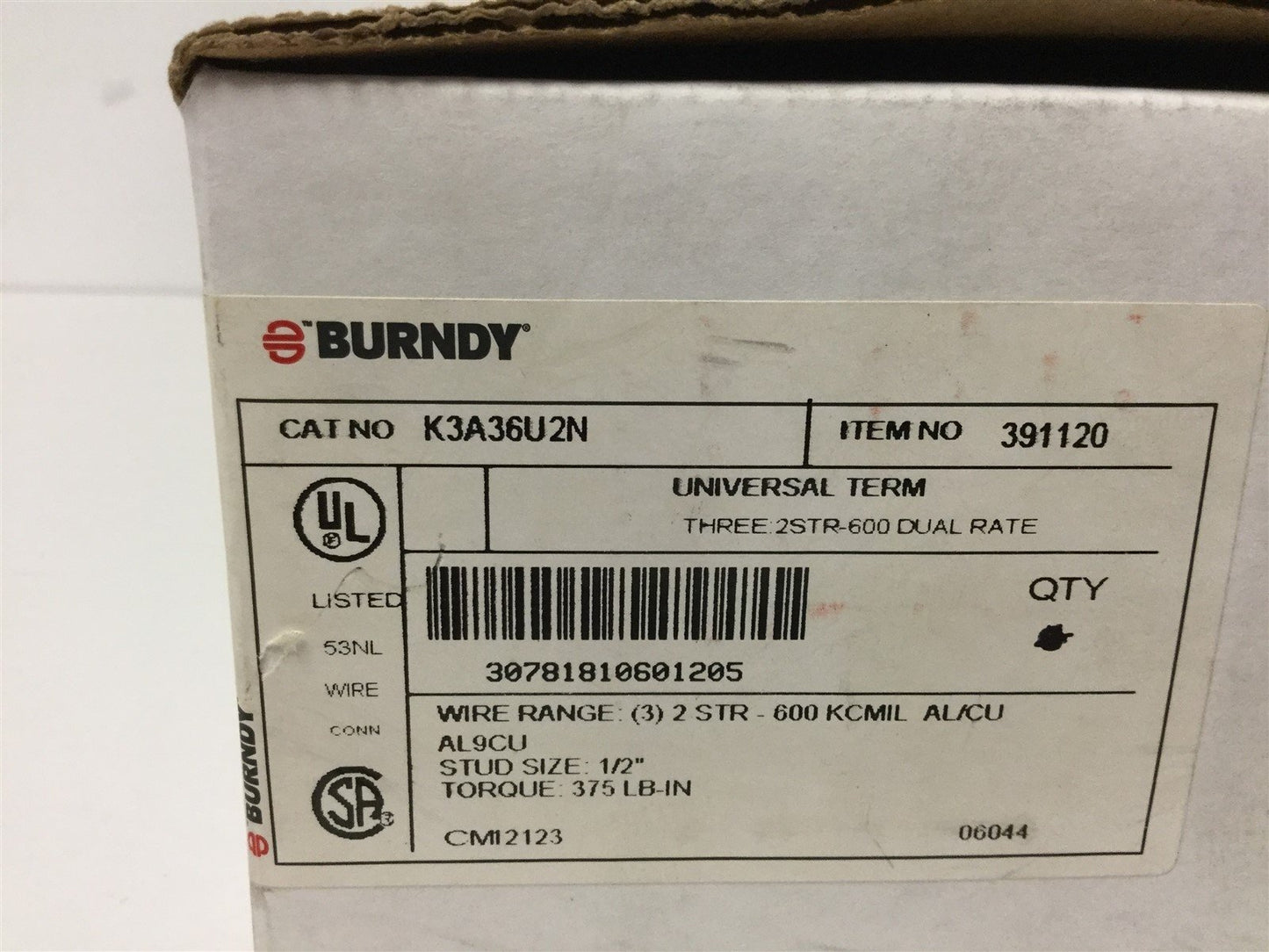 New Burndy K3A36U2N Three Conductor Lug, Wire Size: 2 AWG to 600 kcmil