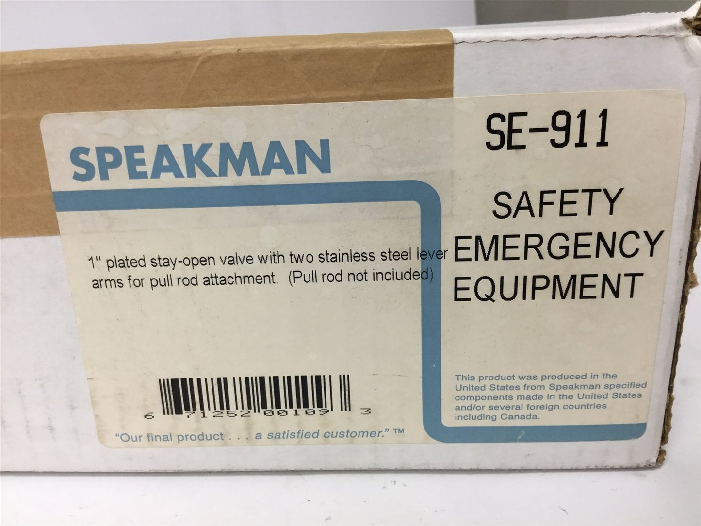 New Speakman SE-911 Stay-Open Ball Valve for Emergency Shower, Size: 1"