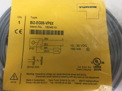 New Turck Bi2-EG08-VP6X Inductive Proximity Switch, Voltage: 10-30VDC, PNP