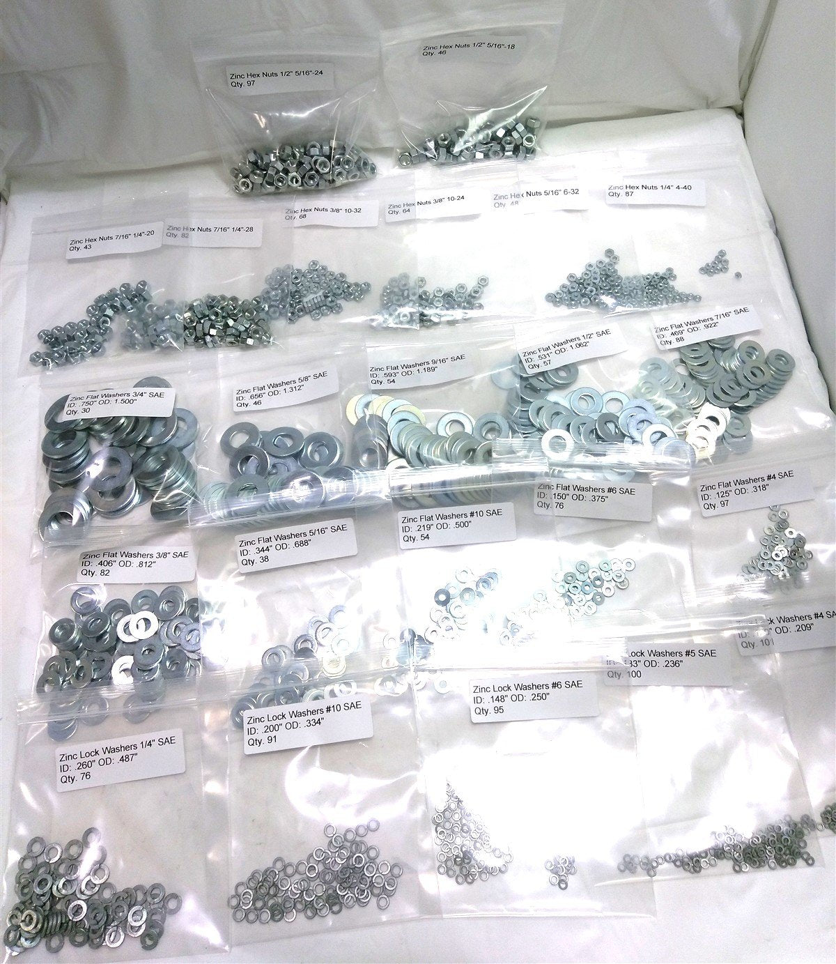 New Assortment of Low Carbon Zinc Nuts and Washer, 1/4" - 7/16", #4 - 3/4" SAE
