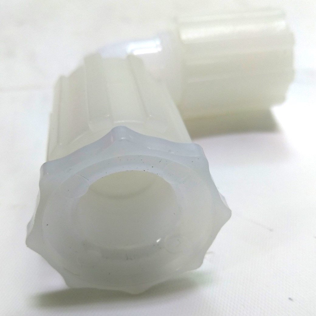 New – Open box Lot of 2 Entegris C8-8FN-1 Elbow Adapter, Flaretek 1/2" to SpaceSaver 1/2", PFA