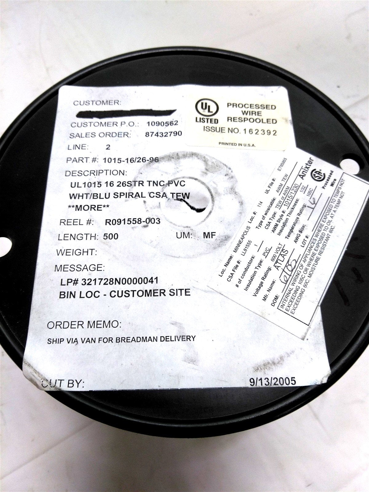 New – Open box Atlas 1015-16/26-96 MTW Electrical Wire, 26 Strand, 16 Gauge, 600V, 500'