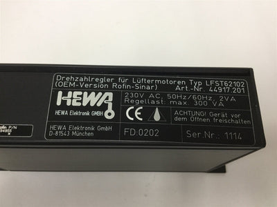 Used HEWA Elektronik LFST62102 Speed Controller For Fan, Voltage: 230VAC 50/60Hz