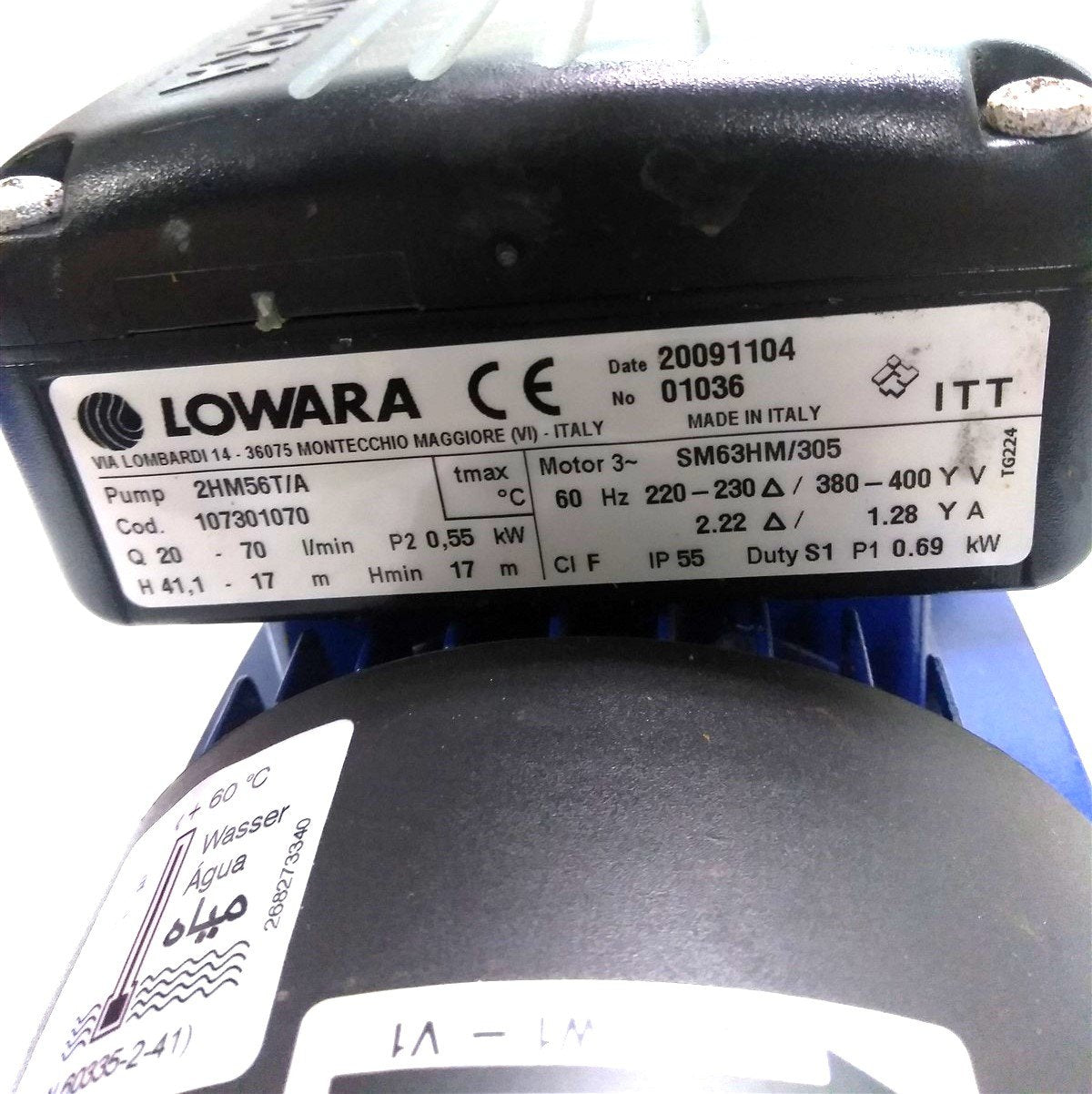 Used Lowara 2HM56T/A Centrifugal Water Pump, 3/4 HP, 70 l/min, 240/400VAC, 60Hz