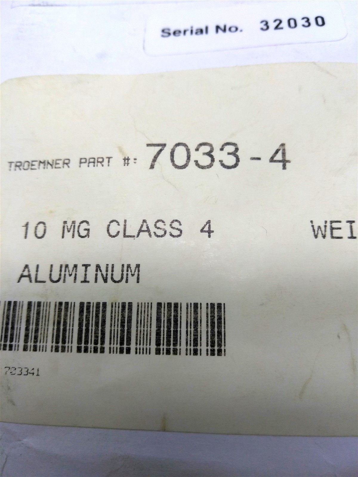 Used Troemner 7033-4 10 mg. Precision Weight, Class 4, Aluminum