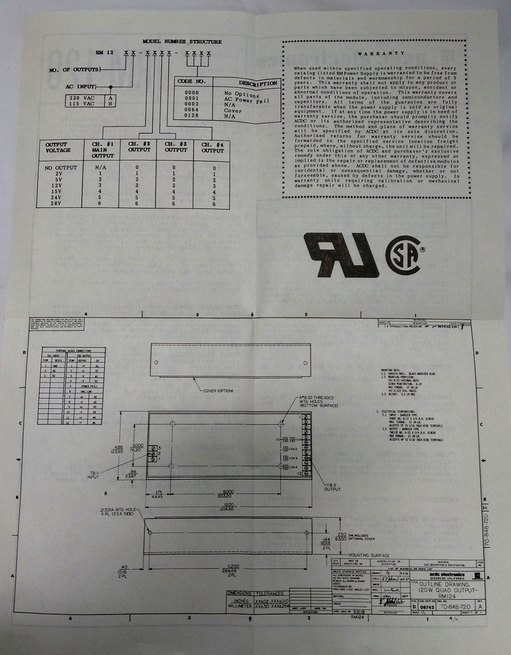 New ACDC Electronics RM124B-2442 Power Supply 5V 15A x2 15V 1.5A 5V 1.5A 115VAC
