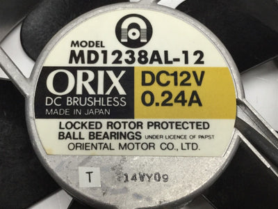 Used Oriental Motor MD1238AL-12 Orix Quiet Axial Cooling Fan, Ball Bearings, 12VDC