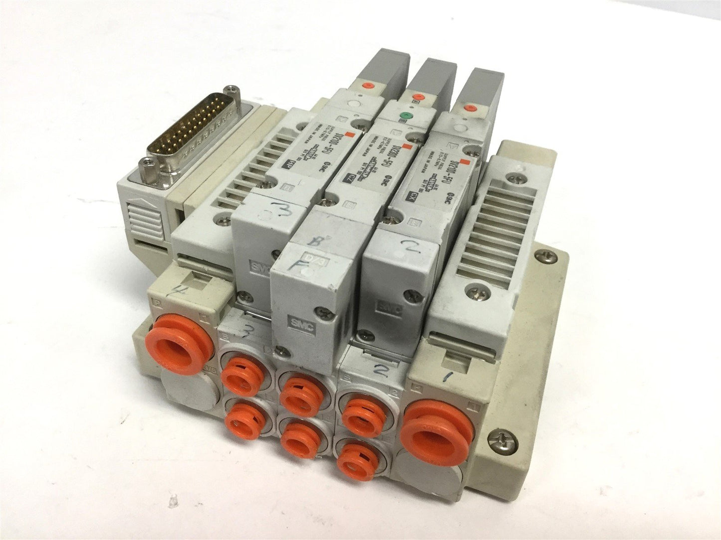 Used Lot of 3 SMC Solenoid Valves, 2x SV2100-5FU 2-Pos 5-Way, SV2300-5FU 3-Pos 5-Way