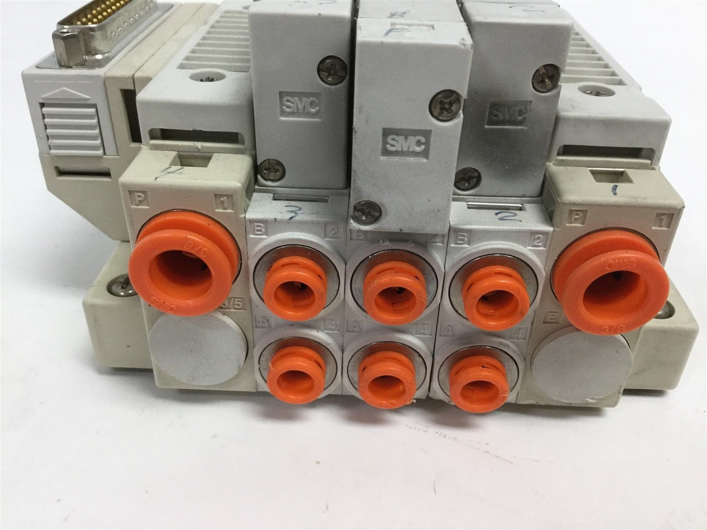 Used Lot of 3 SMC Solenoid Valves, 2x SV2100-5FU 2-Pos 5-Way, SV2300-5FU 3-Pos 5-Way