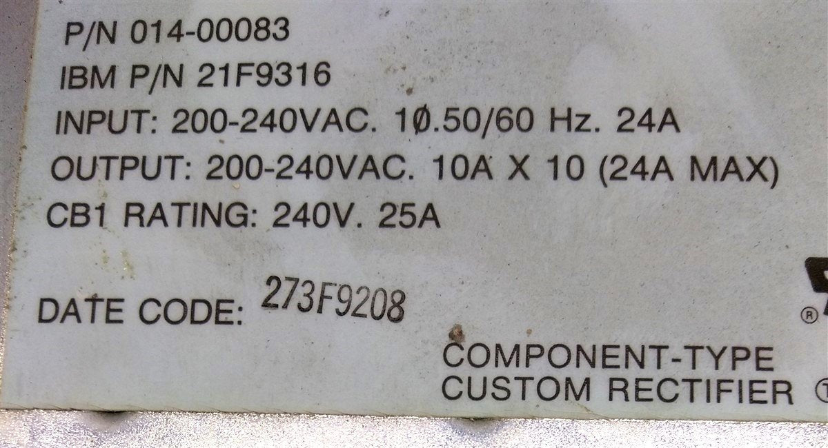 Used IBM 21F9316 Rack Power Supply, Output x10 200-240VAC 10A Input: 240VAC 24A