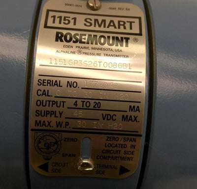 Used Rosemount 1151GP3S267T0086B1 Pressure Transmitter, 0-30 inH2O, 45VDC