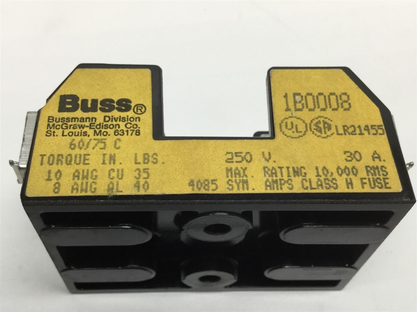 Used Bussmann 1B0008 Fuseholder Block 2-Pole 30A 250VAC 60/75C Class H