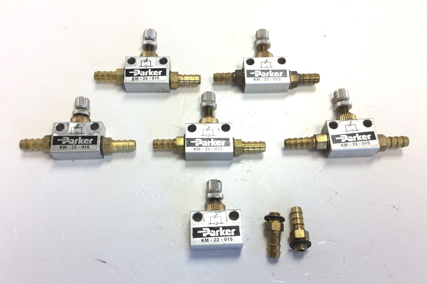 Used Lot of 6 Parker KM-22-015 Manual In-Line Flow Control Valves w/ Barbed Fittings