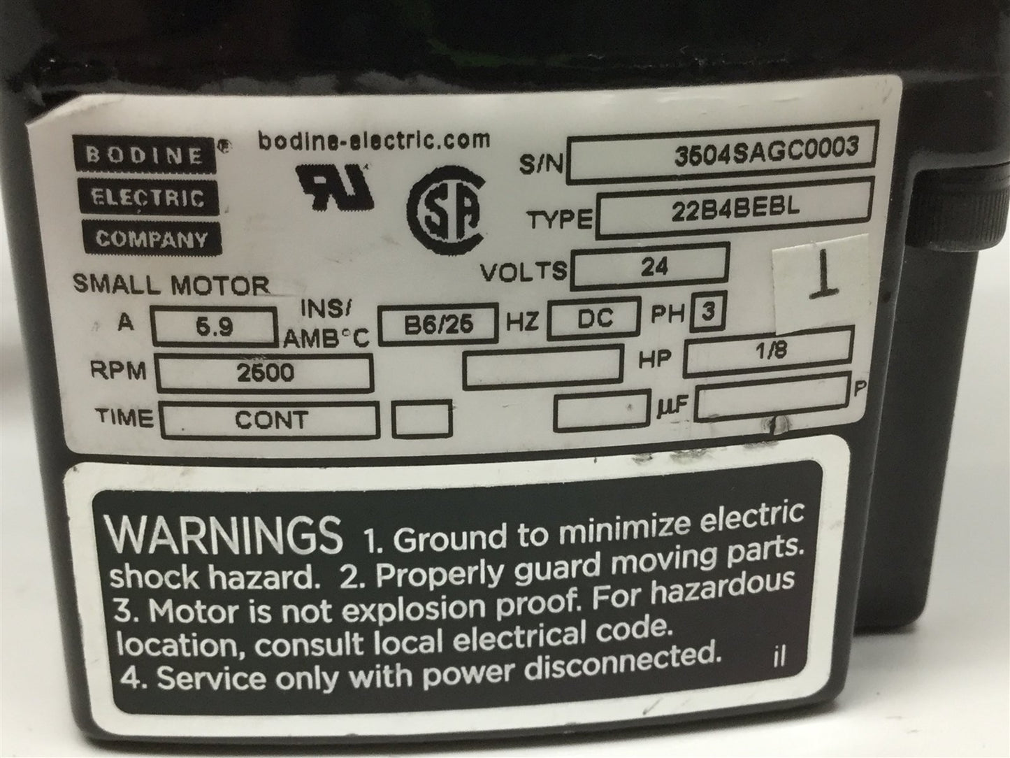 Used Bodine 22B4BEBL INTEGRAmotor DC Brushless Gearmotor, 24VDC, 2500RPM, 1/8HP