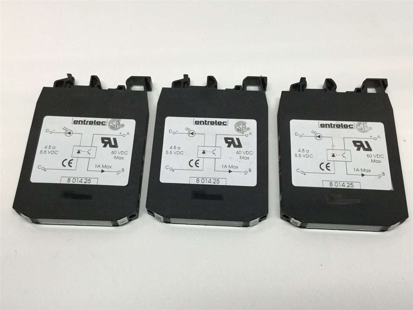 Used Lot of 3 Entrelec 8014.25 Optocoupler Modules 4.5-5.5VDC In 60VDC 1A Out