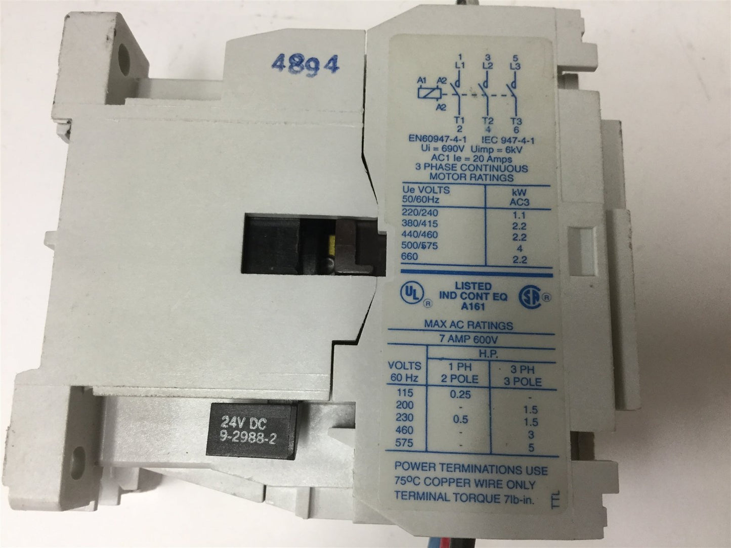 Used Cutler Hammer CE15AN3 Contactor, 3-Pole, Coil: 24VDC, Contact Rating: 7A 600VAC
