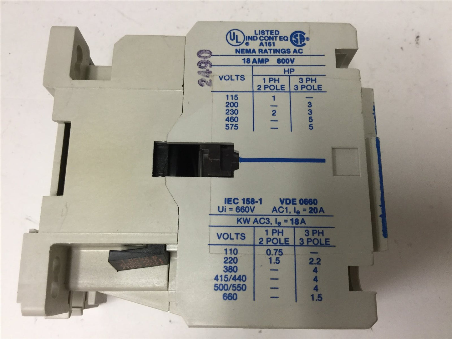 Used Cutler Hammer CN15BN2 Contactor, 2-Pole, Coil: 110/120VAC, Contact: 18A 600VAC