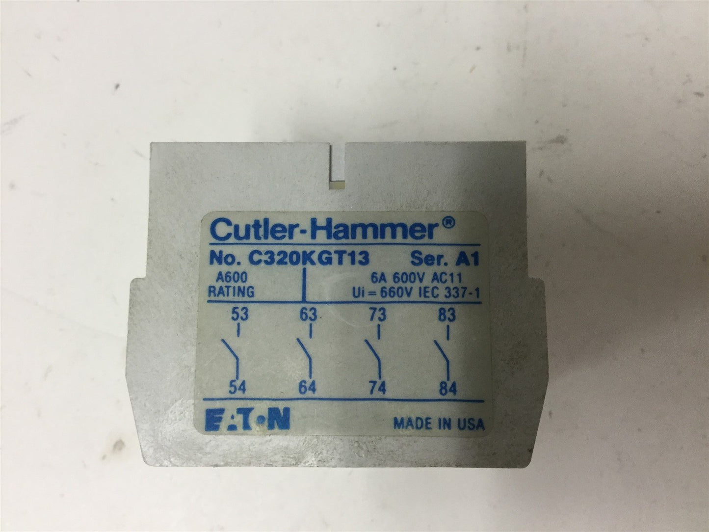 Used Cutler Hammer C320KGT13 Auxiliary Contact Block, 4-Pole, N/O Contacts, 6A 600V