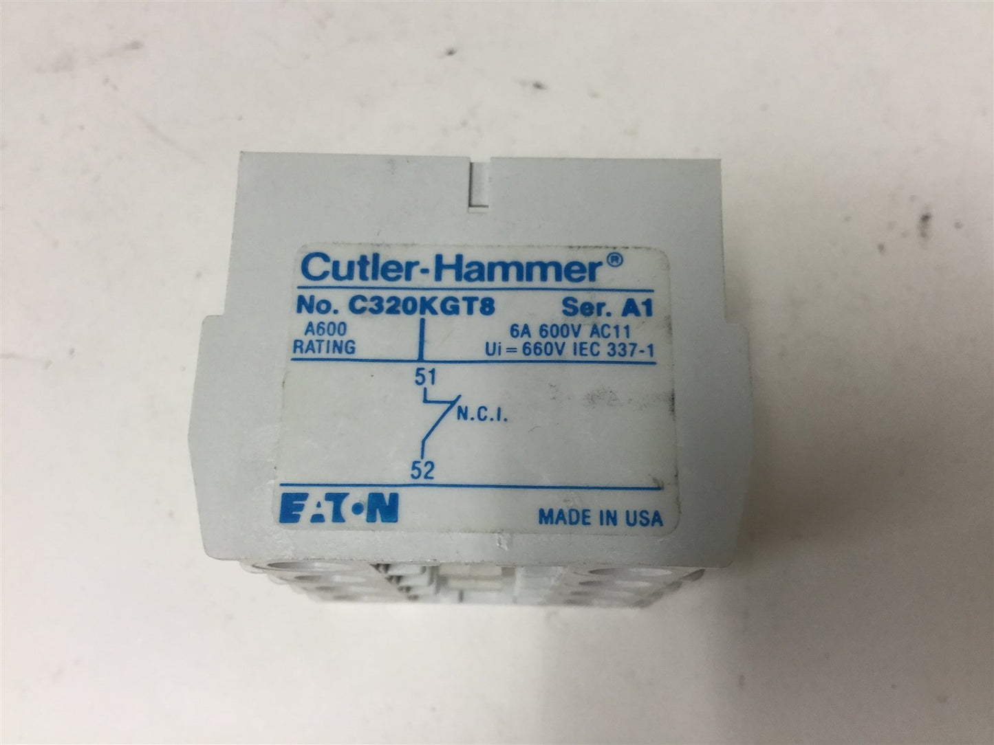 Used Cutler Hammer C320KGT8 Auxiliary Contact Block, 1-Pole, N/C Contact, 6A 600V