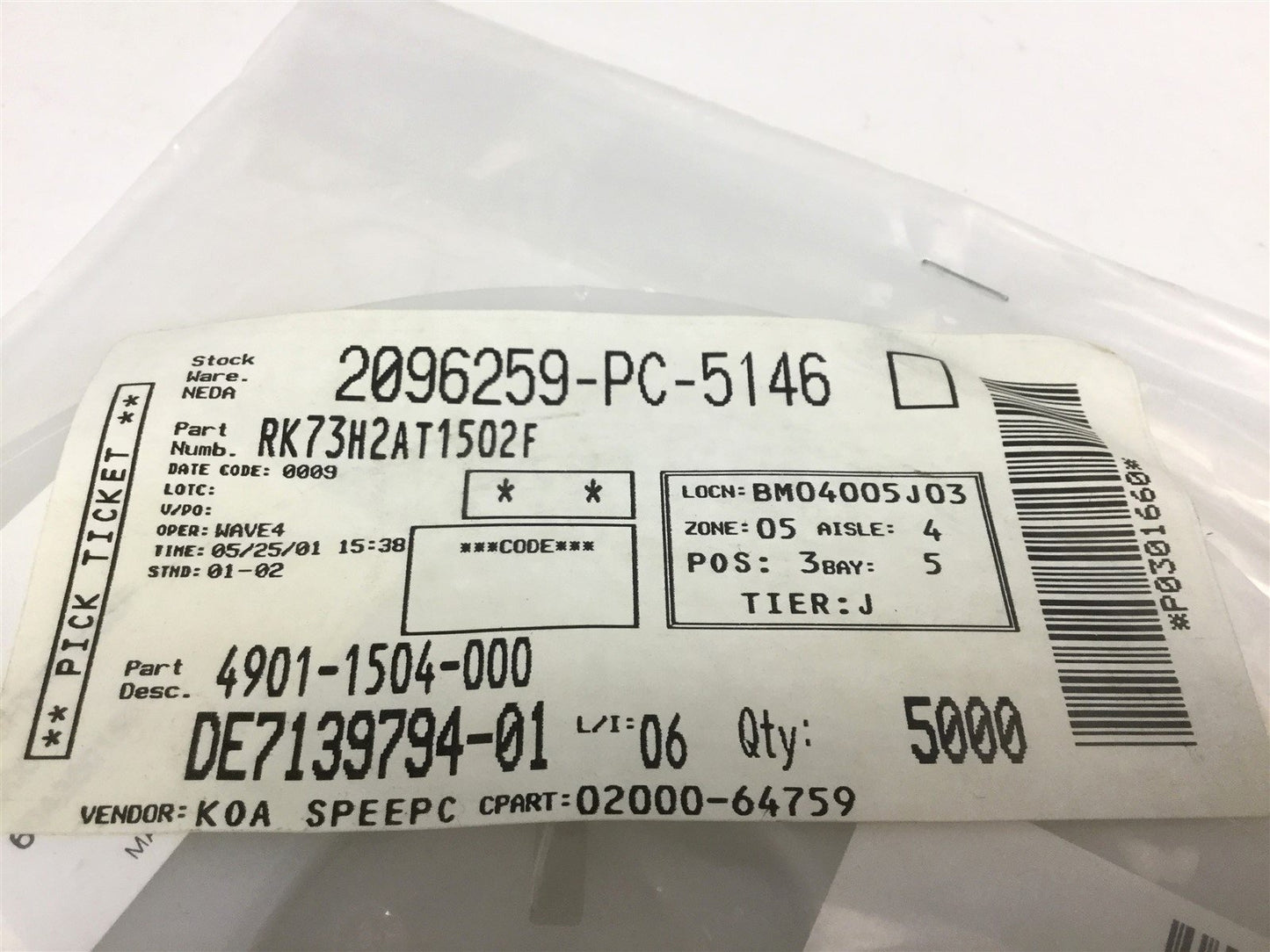 New Lot of 5000 KOA Speer RM73H2AT1502F Thick Film Resistor .125W ±1% 15k Ohm 150V