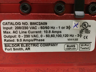 Used Baldor BMC2A09 Adjustable Speed Brushless DC Motor Control Drive 208/230VAC, 3HP