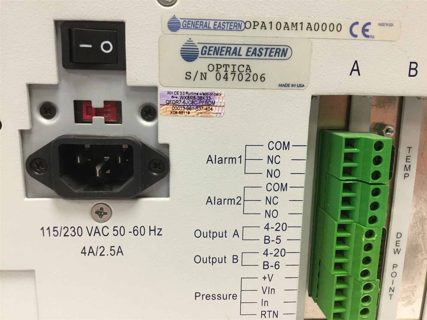 Used GE General Eastern OPA10AM1A0000 Optica Chilled Mirror Hygrometer 115/230 VAC