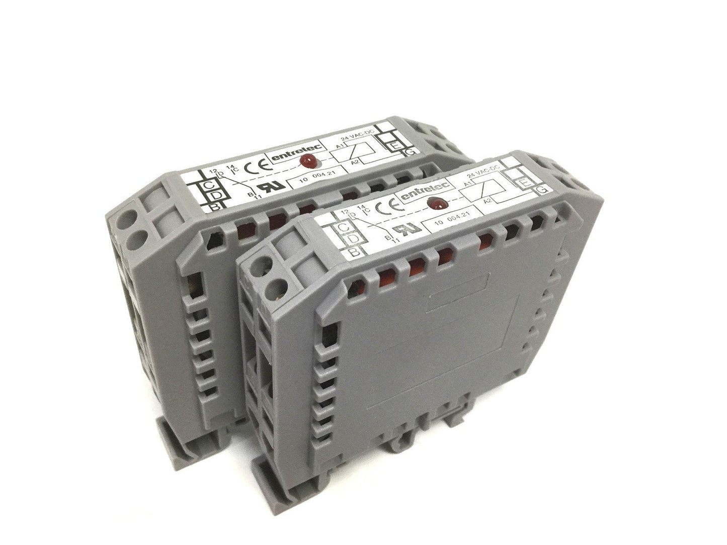 Used Lot of 2 Entrelec 10-004.21 Relay Interface Modules 24VAC-DC, Din Rail Mount