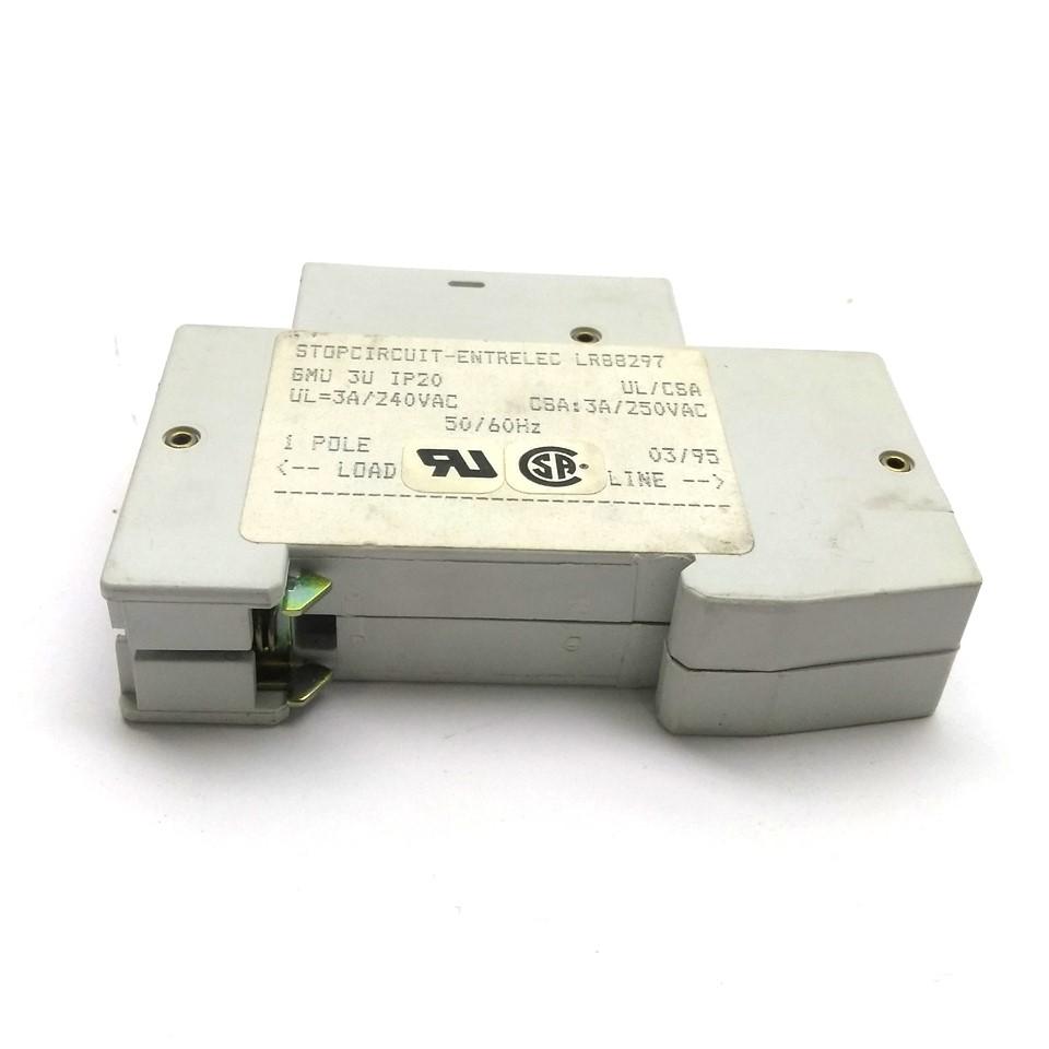 Used Lot of 2 Entrelec GMU 3 U Circuit Breakers, 1 Pole, 3A, 240-415VAC, DIN Rail