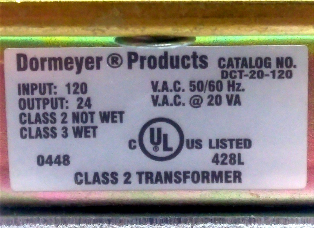 Used Dormeyer DCT-20-120 Transformer, In: 120VAC Out: 24VAC 20VA w/ Mounting Bracket