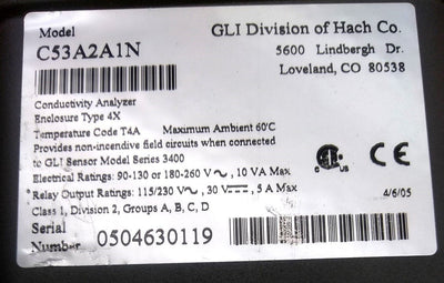 Used GLI International C53A2A1N Model 53 Conductivity Analyzer, 115/230VAC, 30VDC 5A