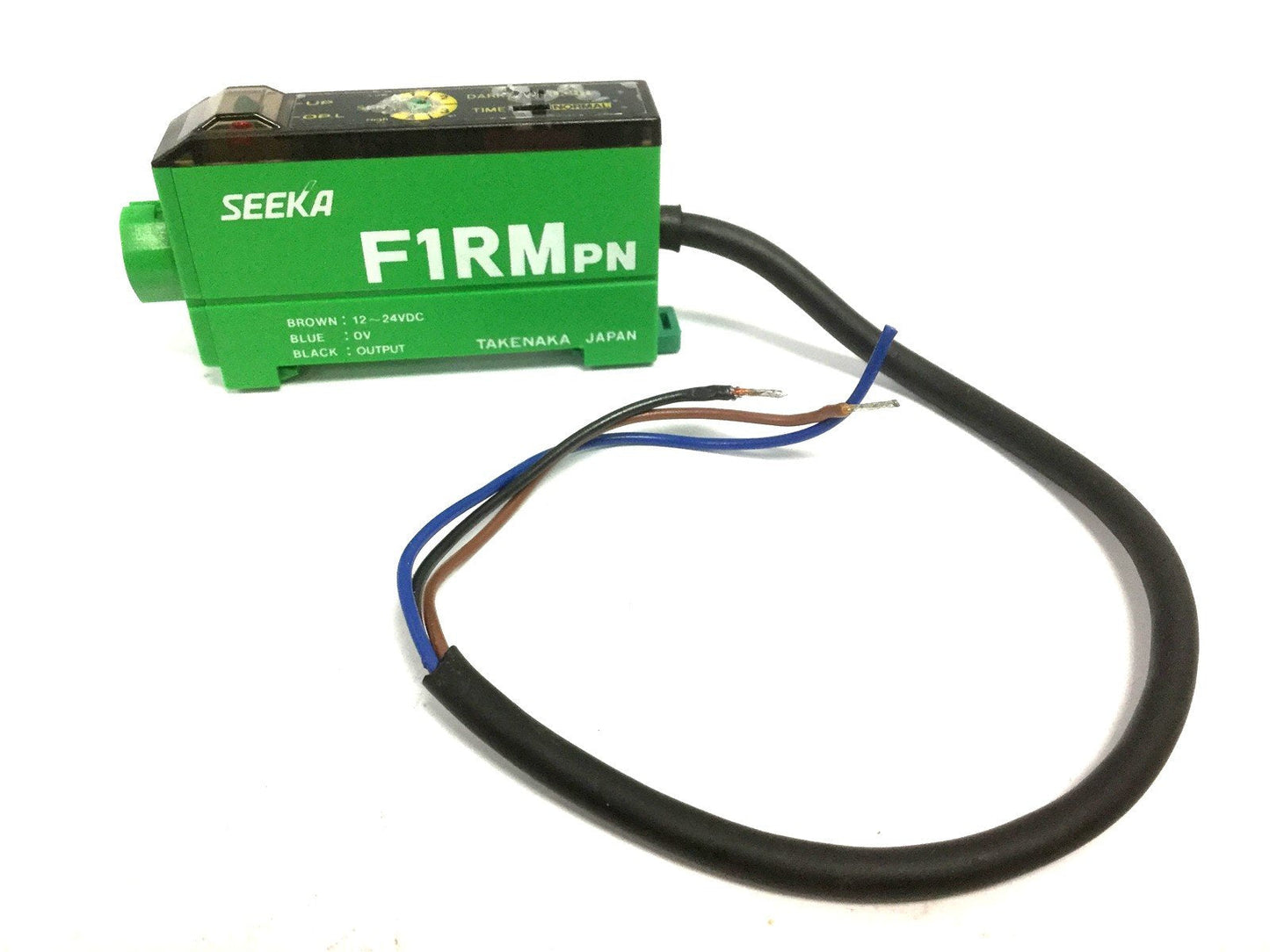 Used Seeka F1RM-PN Fiber Optic Sensor, Brown: 12-24VDC, Blue: 0VDC, Black: Output