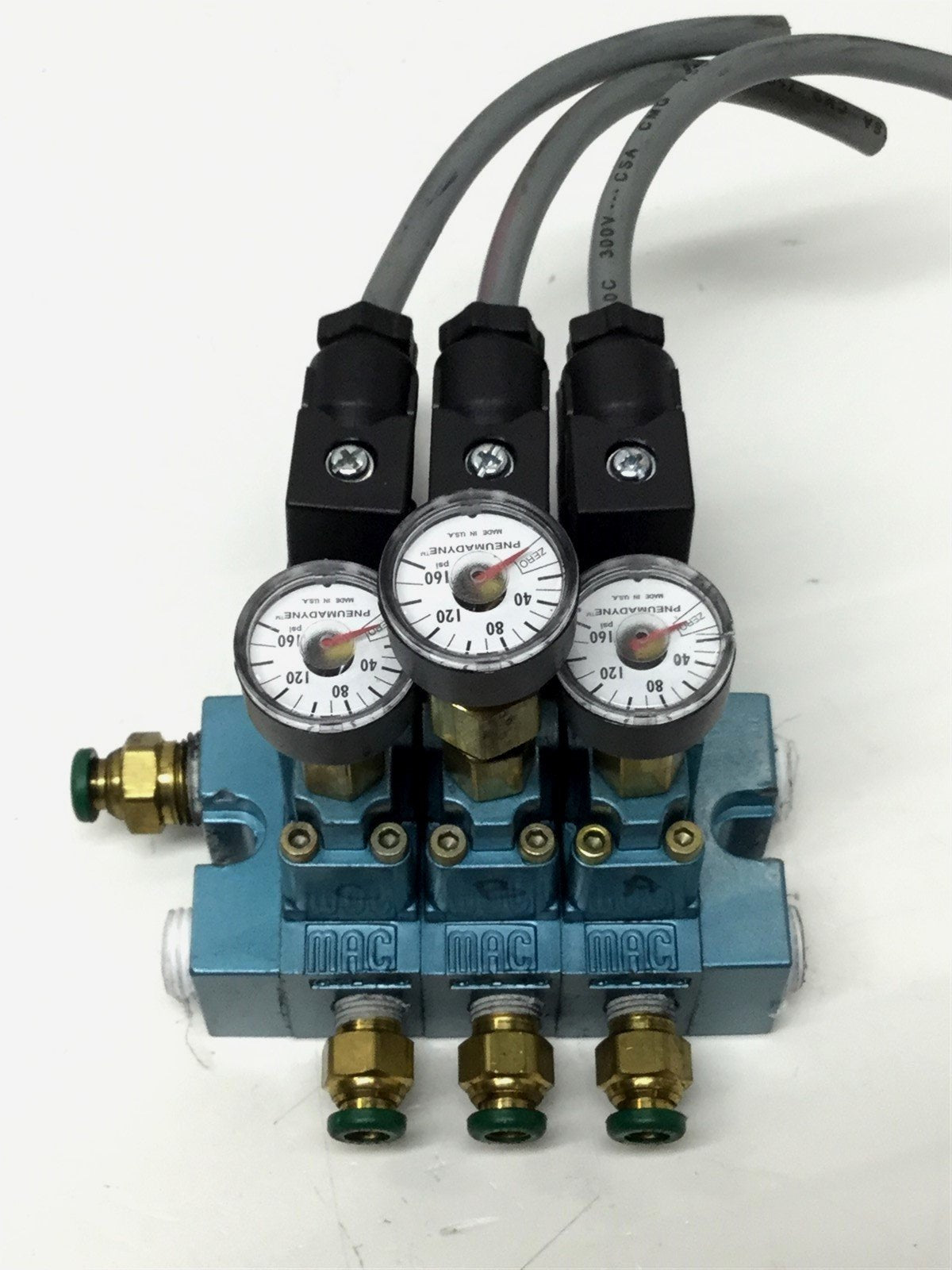 Used Bank of 3 MAC 35A-FAJ-DDAJ-1KA Solenoid Valve w/Regulator and Gauge 24VDC 120psi