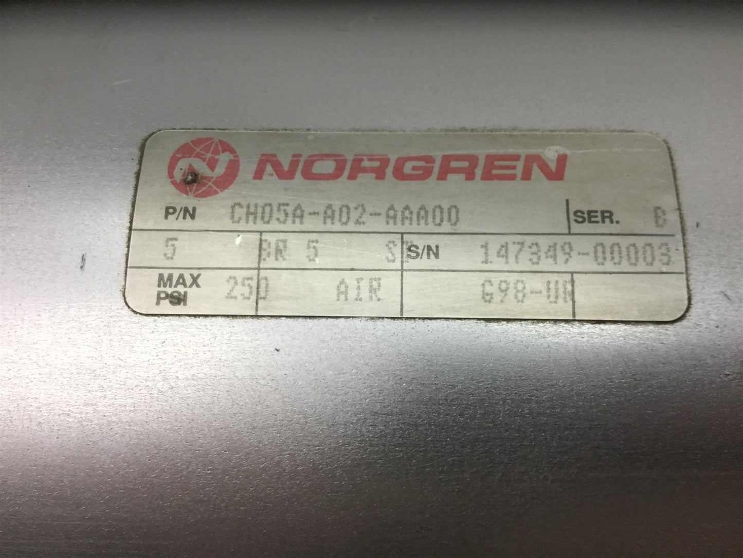 Used Norgren CH05A-A02-AAA00 Pneumatic Cylinder, Bore: 5", Stroke: 5", 250psi Max