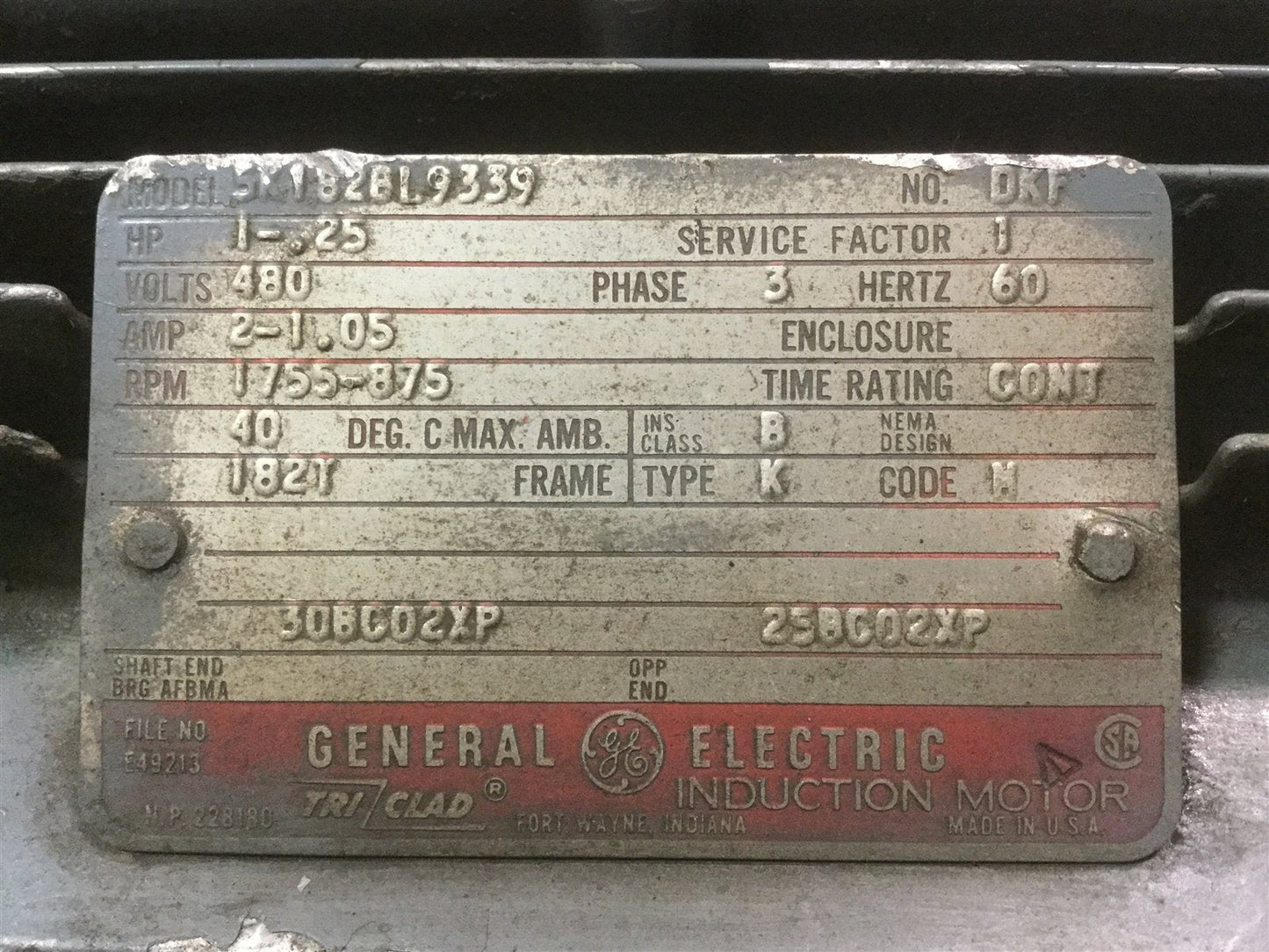 Used GE 5K182BL9339 DKF Electric 2-Speed Motor 1/.25-HP 1755/875RPM TEFC 182T 480V 3?