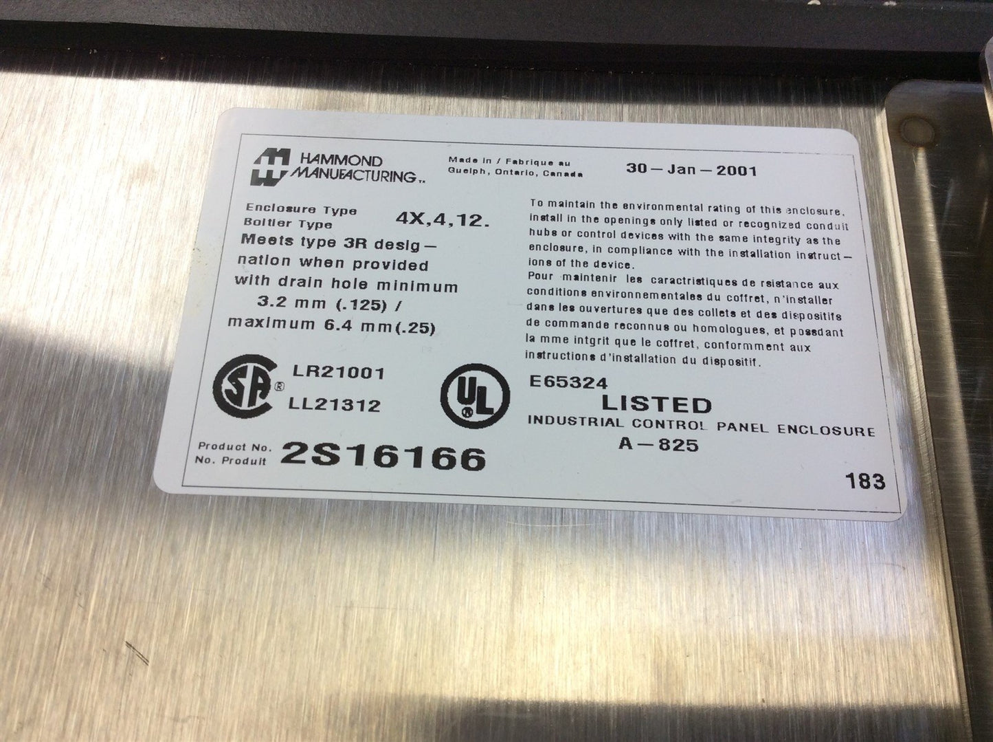 Used Hammond 2S16166 Stainless Steel Electrical Control Panel Enclosure 16"x 16"x 6"