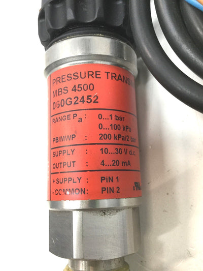 Used Danfoss 060G2452 MBS 4500 Industrial Pressure Transmitter, Adjustable, 0-1 bar