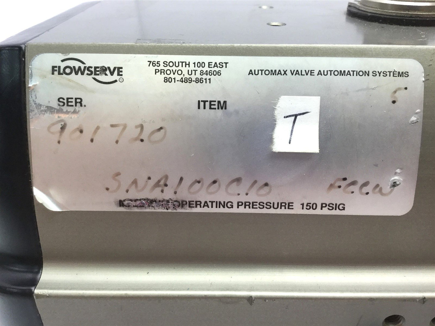 Used Automax SNA100C10 Rack and Pinion Rotary Actuator, Ports: 1/4 NPT, Max: 150 PSIG