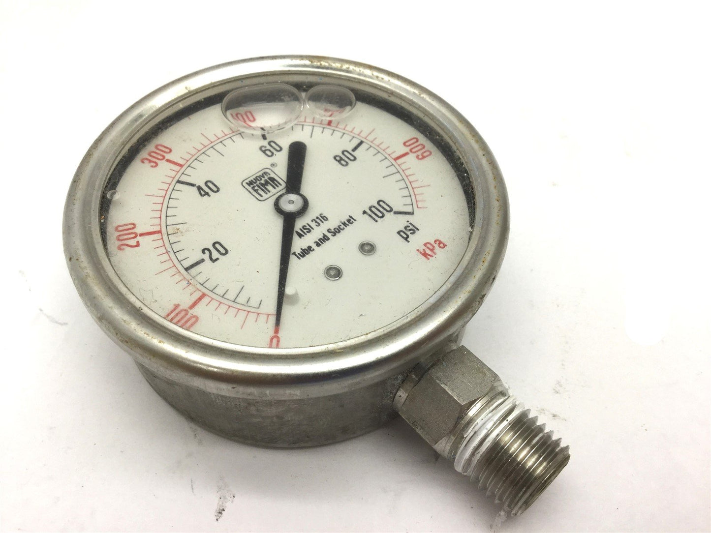 Used Nuova Fima Tube and Socket Pressure Gauge, Range: 0-100 PSI, AISI 316SS