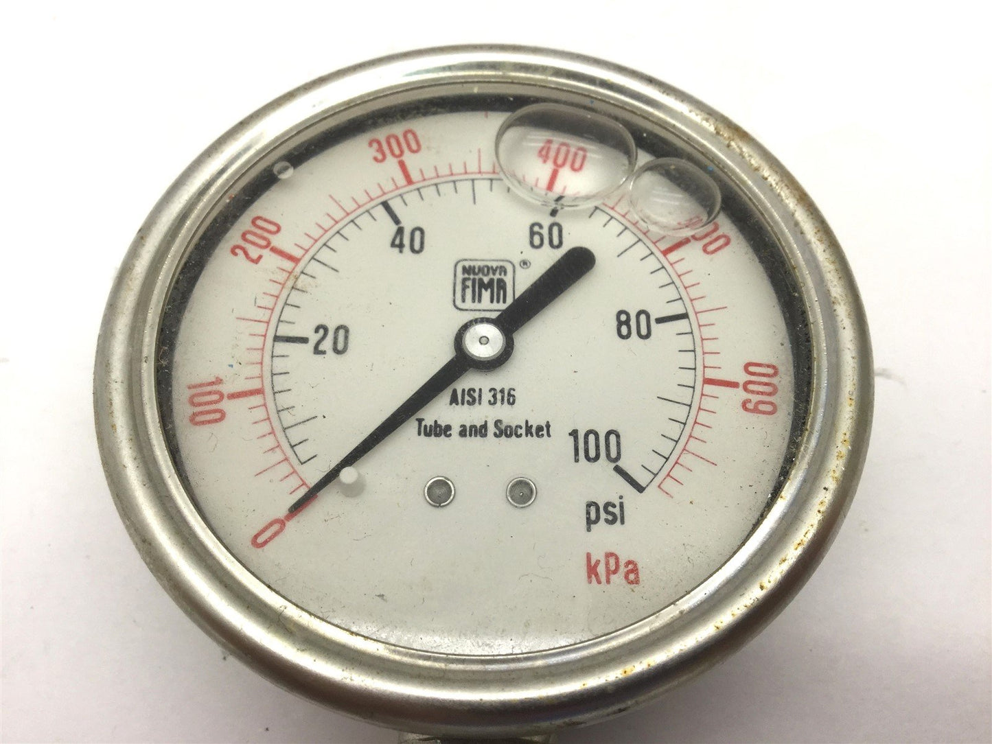 Used Nuova Fima Tube and Socket Pressure Gauge, Range: 0-100 PSI, AISI 316SS