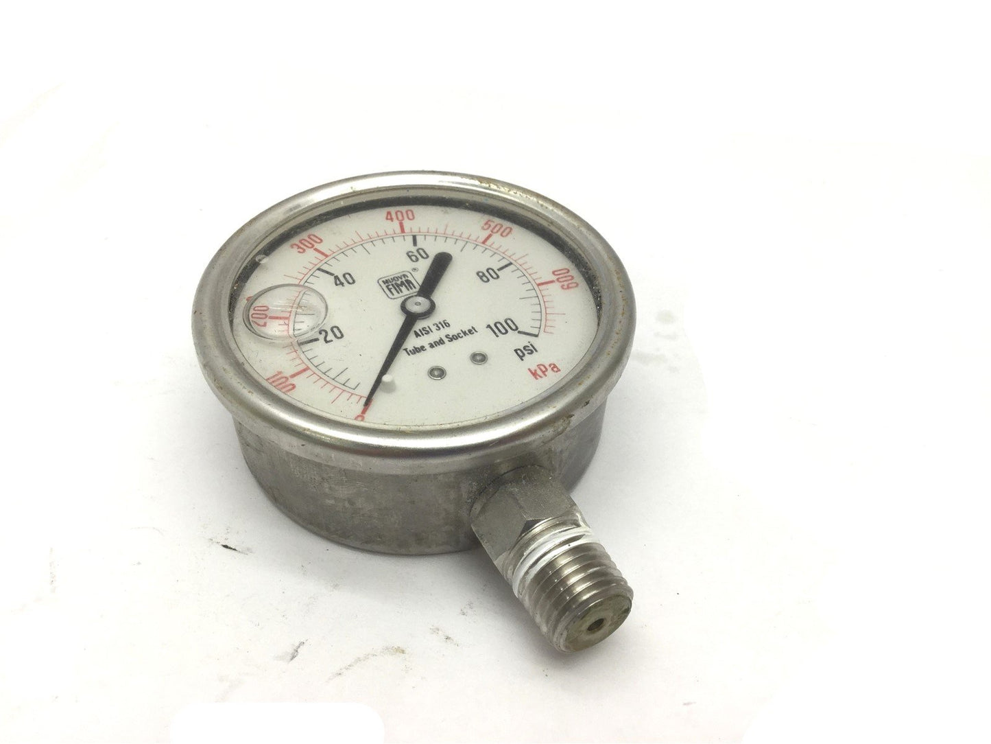 Used Nuova Fima Tube and Socket Pressure Gauge, Range: 0-100 PSI, AISI 316SS
